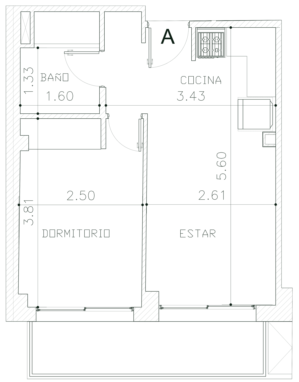 Plano del departamento: estar con cocina integrada, dormitorio, baño y balcón corrido